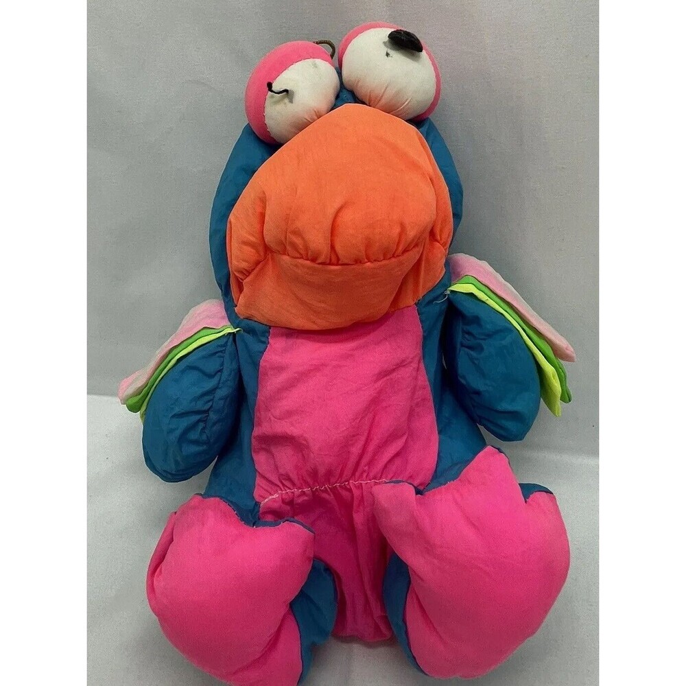 Vintage Ace Novelty Neon Bird Plush Nylon Puffalump 10" Stuffed Animal Blue Pink